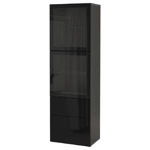 BESTÅ Storage combination w glass doors, black-brown, Selsviken high-gloss/black clear glass, 60x42x192 cm