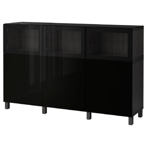 BESTÅ Storage combination with doors, black-brown, Selsviken/Glassvik high-gloss black, clear glass, 180x40x112 cm