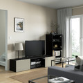 BESTÅ TV storage combination/glass doors, black-brown/Selsviken high-gloss/beige smoked glass, 240x42x129 cm