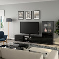 BESTÅ TV storage combination/glass doors, black-brown/Selsviken high-gloss/black clear glass, 240x42x129 cm