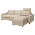 VIMLE Cover 3-seat sofa w chaise longue, with wide armrests with headrest/Hallarp beige