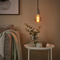 JÄLLBY / MOLNART Pendant lamp with light bulb, textile nickel-plated/globe grey clear glass