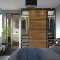 PAX / MEHAMN Wardrobe with sliding doors, grey-beige black/double sided walnut, 200x66x236 cm
