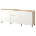 BESTÅ Storage combination with drawers, white stained oak effect/Selsviken/Stubbarp high-gloss/white, 180x42x74 cm
