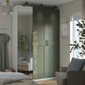 PAX/KAMMARTORP/GRIMO Wardrobe combination, white mirror glass/grey grey-green, 150x60x236 cm