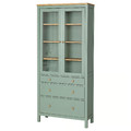 HEMNES Glass-door cabinet with 3 drawers, grey-green/light brown stained, 90x197 cm
