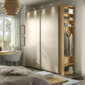 PAX / HASVIK Wardrobe with sliding doors, grey-beige grey-beige/oak effect, 220x66x236 cm