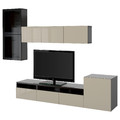 BESTÅ TV storage combination/glass doors, black-brown/Selsviken high-gloss/beige clear glass, 300x42x211 cm