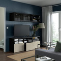 BESTÅ TV storage combination/glass doors, black-brown/Selsviken high-gloss/beige smoked glass, 180x42x192 cm