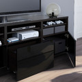 BESTÅ TV storage combination/glass doors, black-brown/Selsviken high-gloss/black smoked glass, 180x42x192 cm