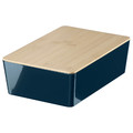 KUGGIS Box with lid, black-blue/bamboo, 18x26x8 cm
