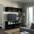 BESTÅ TV storage combination/glass doors, black-brown/Selsviken high-gloss/black smoked glass, 180x42x192 cm