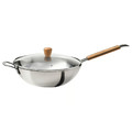 VARDAGEN Wok with lid, glass/carbon steel beech, 32 cm