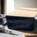 KUGGIS Box with lid, black-blue/bamboo, 18x26x8 cm