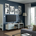 BESTÅ TV bench with doors, white, Selsviken light grey-blue, 180x42x38 cm