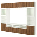 BESTÅ TV storage combination/glass doors, white Lappviken/walnut effect clear glass, 300x42x231 cm