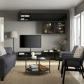 BESTÅ TV storage combination/glass doors, black-brown/Selsviken high-gloss/black clear glass, 240x42x231 cm
