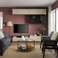 BESTÅ TV storage combination/glass doors, black-brown/Selsviken high-gloss/beige smoked glass, 240x42x231 cm