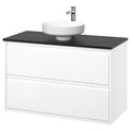 ÄNGSJÖN / LERSJÖN Wash-stnd w drawers/wash-basin/tap, high-gloss white/black marble effect, 102x49x79 cm
