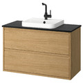ÄNGSJÖN / BACKSJÖN Wash-stnd w drawers/wash-basin/tap, oak effect/black marble effect, 102x49x71 cm