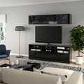 BESTÅ TV storage combination/glass doors, black-brown/Selsviken high-gloss/black smoked glass, 180x42x192 cm