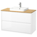 ÄNGSJÖN / BACKSJÖN Wash-stnd w drawers/wash-basin/tap, high-gloss white/bamboo, 102x49x71 cm