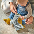GULDVÄVARE Comfort blanket with soft toy, blue yellow/cat