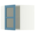 METOD Corner wall cab w shelves/glass dr, white/Lerhyttan blue, 68x60 cm