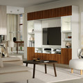 BESTÅ TV storage combination/glass doors, white Lappviken/walnut effect clear glass, 300x42x231 cm