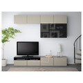 BESTÅ TV storage combination/glass doors, black-brown/Selsviken high-gloss/beige smoked glass, 240x42x231 cm