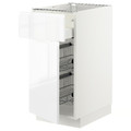 METOD / MAXIMERA Base cab w wire basket/drawer/door, white/Voxtorp high-gloss/white, 40x60 cm