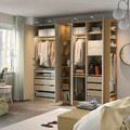 PAX / REINSVOLL Wardrobe combination, grey-beige grey-beige/oak effect, 255x60x236 cm
