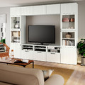 BESTÅ TV storage combination/glass doors, white Sutterviken/Sindvik white clear glass, 300x42x231 cm