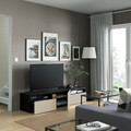 BESTÅ TV bench with drawers and door, black-brown/Lappviken light grey/beige, 180x42x39 cm