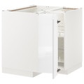 METOD Corner base cabinet with carousel, white, Voxtorp high-gloss/white, 88x88 cm