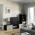 BESTÅ TV storage combination/glass doors, black-brown/Selsviken high-gloss/beige clear glass, 240x42x129 cm
