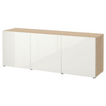 BESTÅ Storage combination with doors, white stained oak effect/Selsviken high-gloss/white, 180x42x65 cm