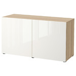 BESTÅ Storage combination with doors, white stained oak effect, Selsviken high-gloss/white, 120x42x65 cm