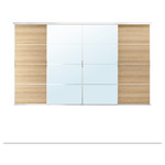 SKYTTA / MEHAMN/AULI Sliding door combination, aluminium/white stained oak effect mirror glass, 401x240 cm
