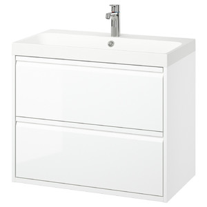 ÄNGSJÖN / BACKSJÖN Wash-stnd w drawers/wash-basin/tap, high-gloss white, 80x48x69 cm