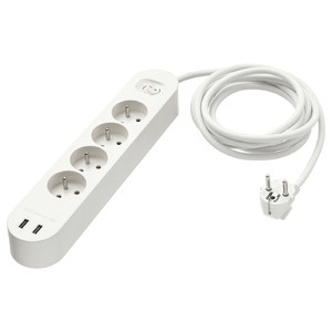 KOPPLA 4-way socket with 2 USB ports, white, 3 m
