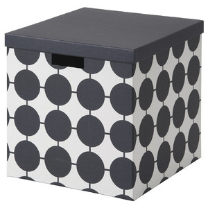 TJENA Storage box with lid, white black/dotted, 32x35x32 cm