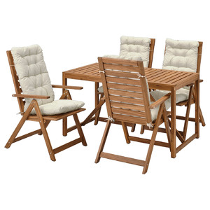 NÄMMARÖ Table+4 reclining chairs, outdoor, light brown stained/Kuddarna beige