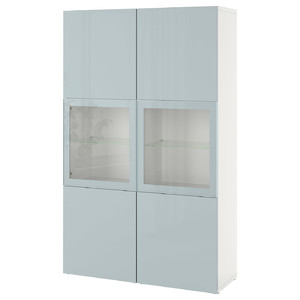 BESTÅ Storage combination w glass doors, white Selsviken/high-gloss light grey-blue, 120x42x193 cm