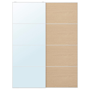 AULI / MEHAMN Pair of sliding doors, aluminium mirror glass/double sided white stained oak effect, 150x201 cm