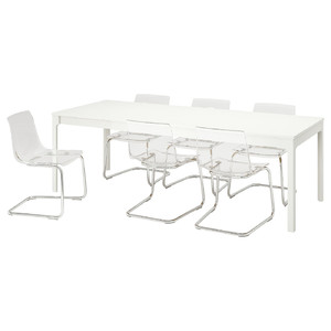 EKEDALEN / TOBIAS Table and 6 chairs, white/transparent chrome-plated, 180/240 cm