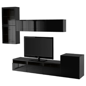 BESTÅ TV storage combination/glass doors, black-brown/Selsviken high-gloss/black clear glass, 300x42x211 cm