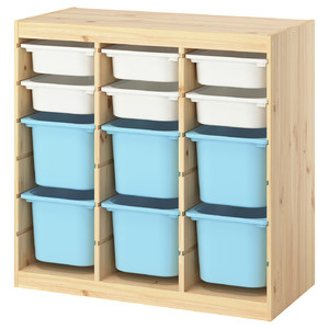 TROFAST Storage combination with boxes, room divider light white stained pine/white light blue, 93x44x91 cm