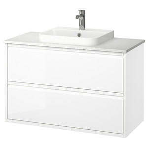 ÄNGSJÖN / BACKSJÖN Wash-stnd w drawers/wash-basin/tap, high-gloss white/white marble effect, 102x49x71 cm