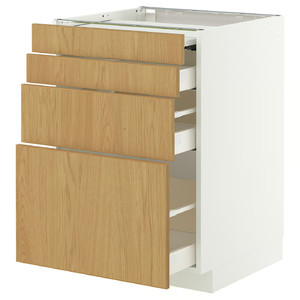 METOD / MAXIMERA Bc w pull-out work surface/3drw, white/Sinarp oak veneer, 60x60 cm